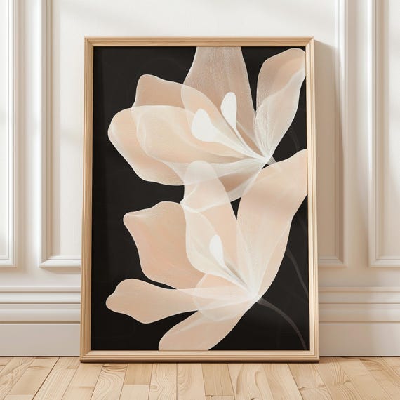 Abstract Floral Line Art Print Pink Petals On Black Wall Modern Minimal Botanical Poster Neutral Bloom Drawing Contemporary Nature Decor