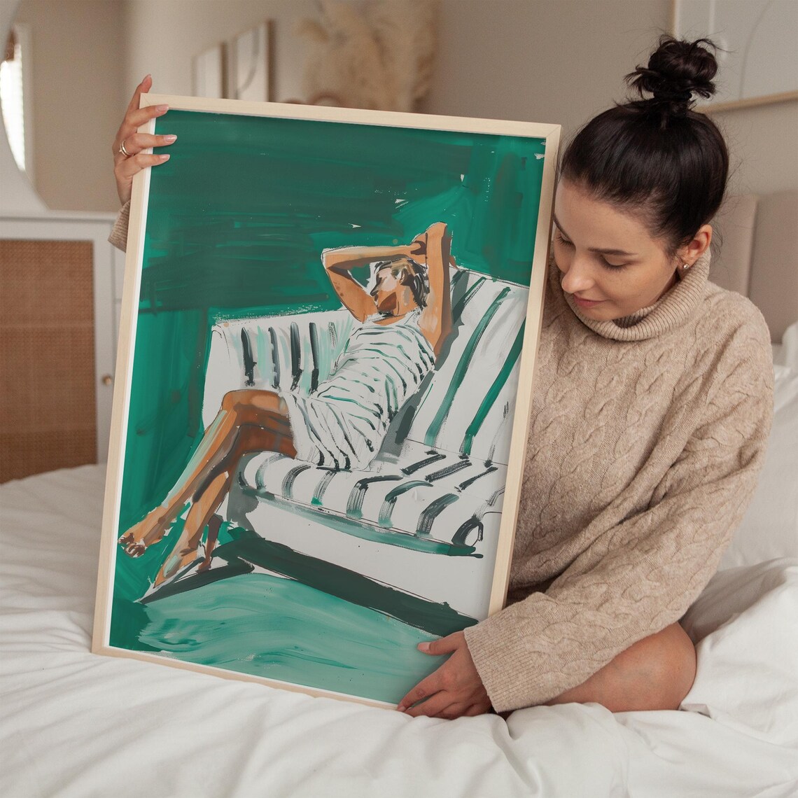 Relaxing Woman in Stripes on Emerald Green Sofa Modern Art Poster - Image 2