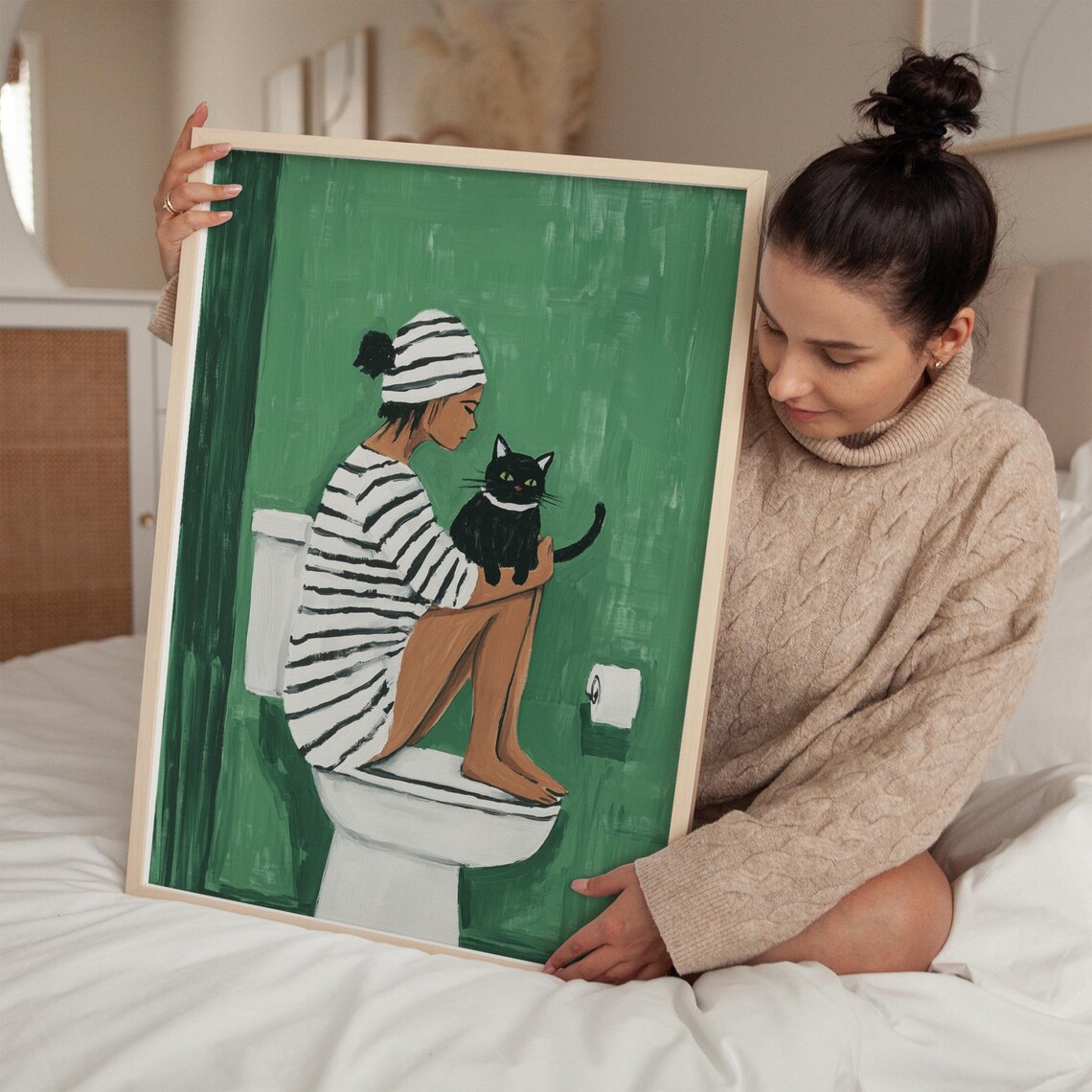 Striped Woman And Black Cat, Minimalist Bathroom Decor - Image 4