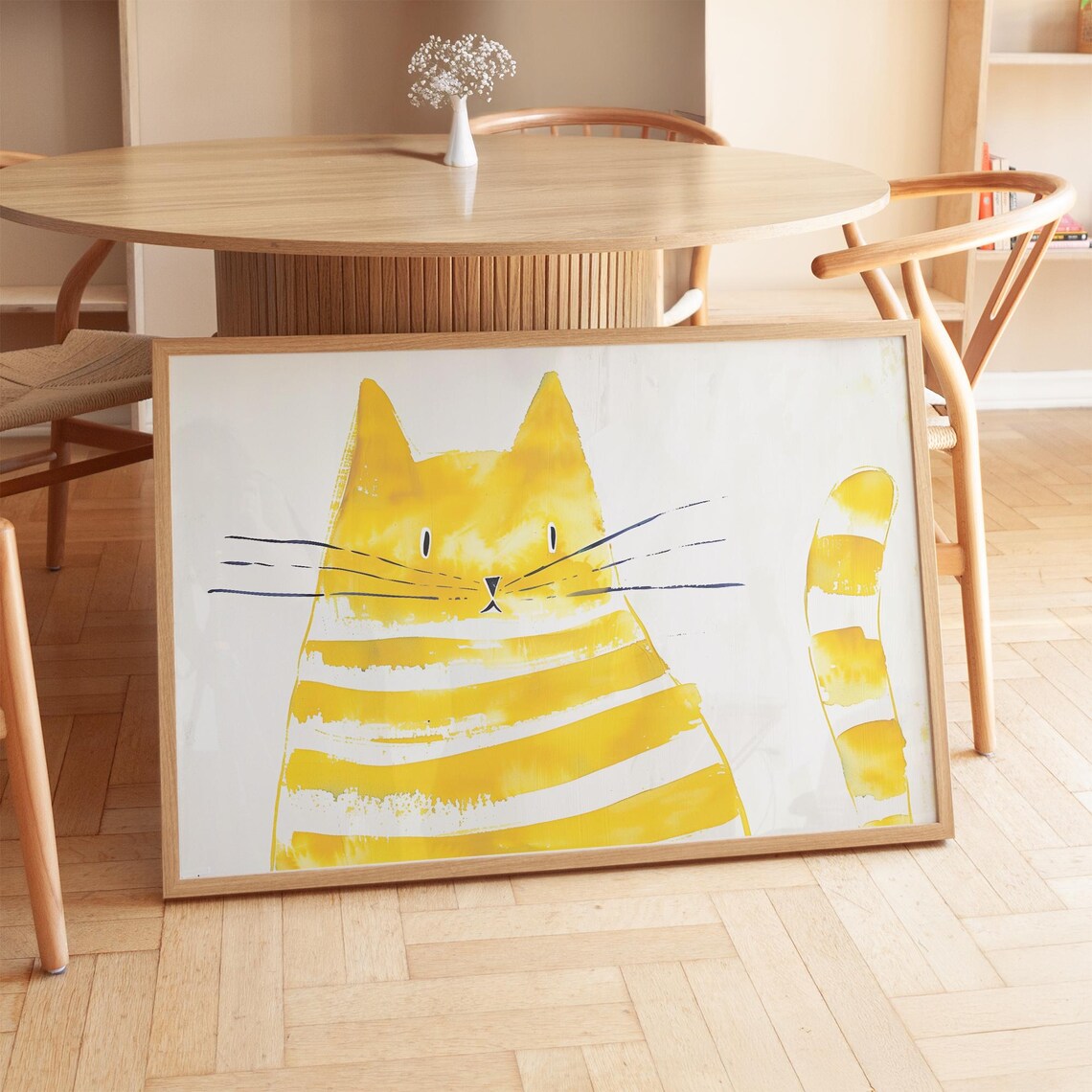 Playful Yellow Striped Cat Face Front View Minimalist Wall Art