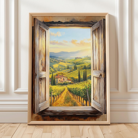 Tuscan Villa Vineyard Hills View Through Open Wooden Shutters Poster