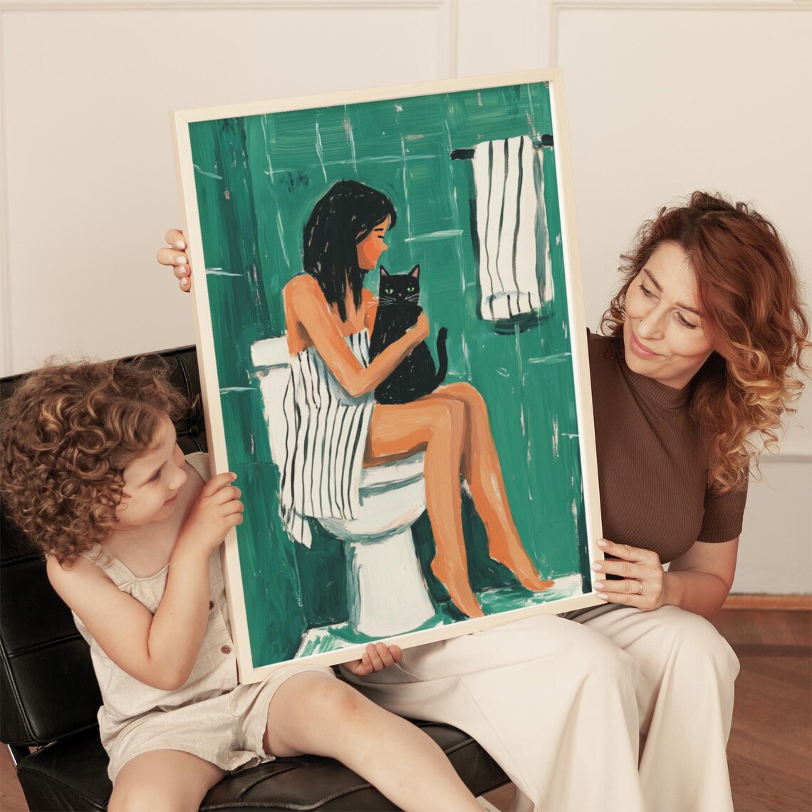 Woman Hugging Black Cat on Toilet Teal Funny Bathroom Art Poster - Image 5