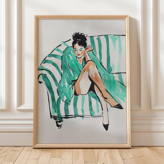 Green Striped Fashion Art Woman On Sofa Illustration Wall Print Bold Lines Watercolor Modern Figure Sitting Pose Glam Room Decor