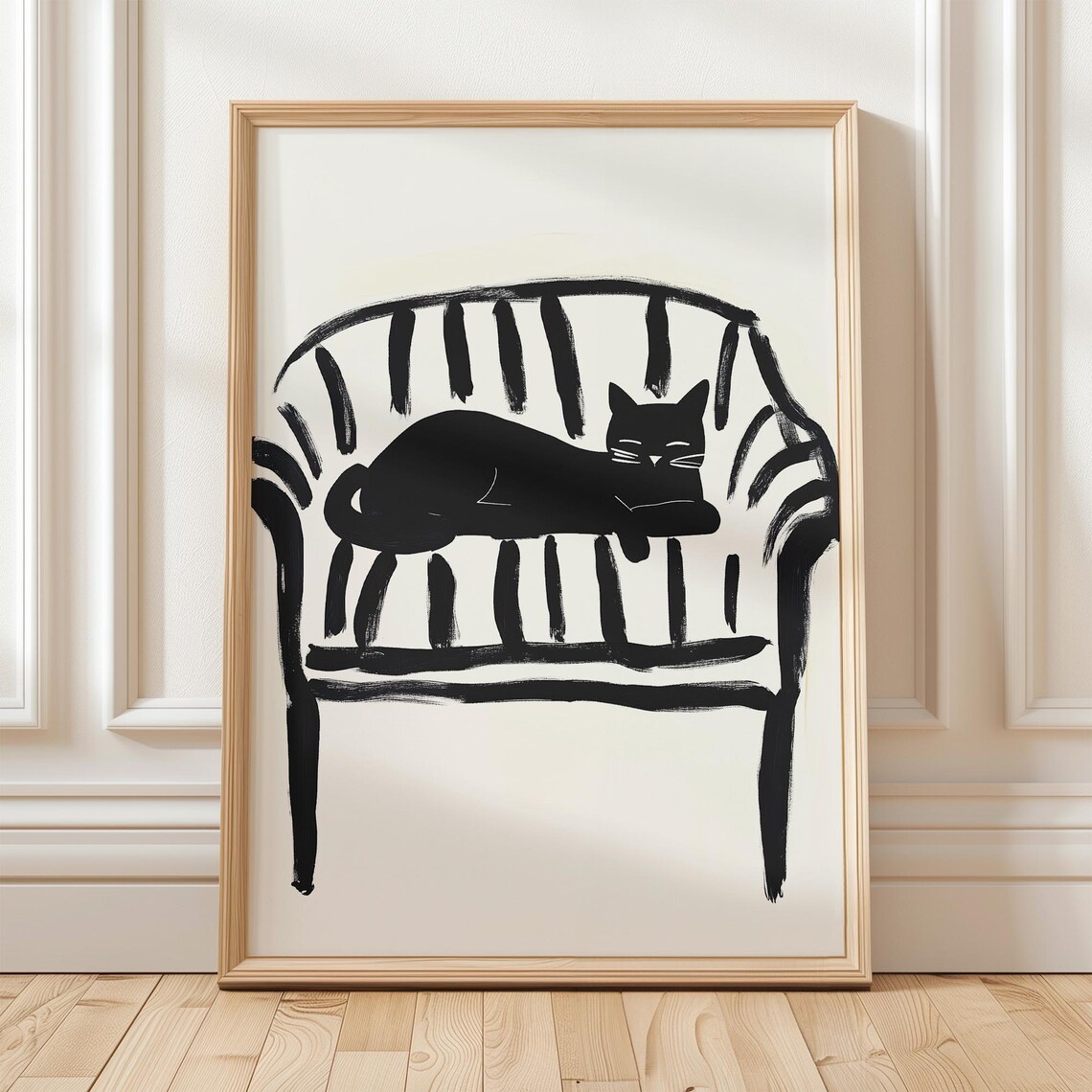 Sleeping Black Cat on Striped Chair Minimalist Ink Art Poster