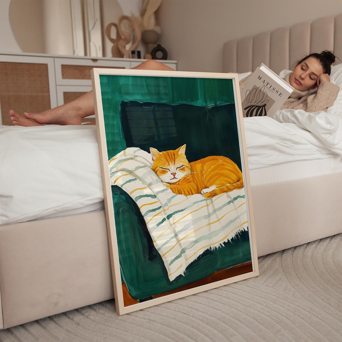 Sleeping Ginger Cat On Striped Blanket Emerald Green Wall Poster - Image 4
