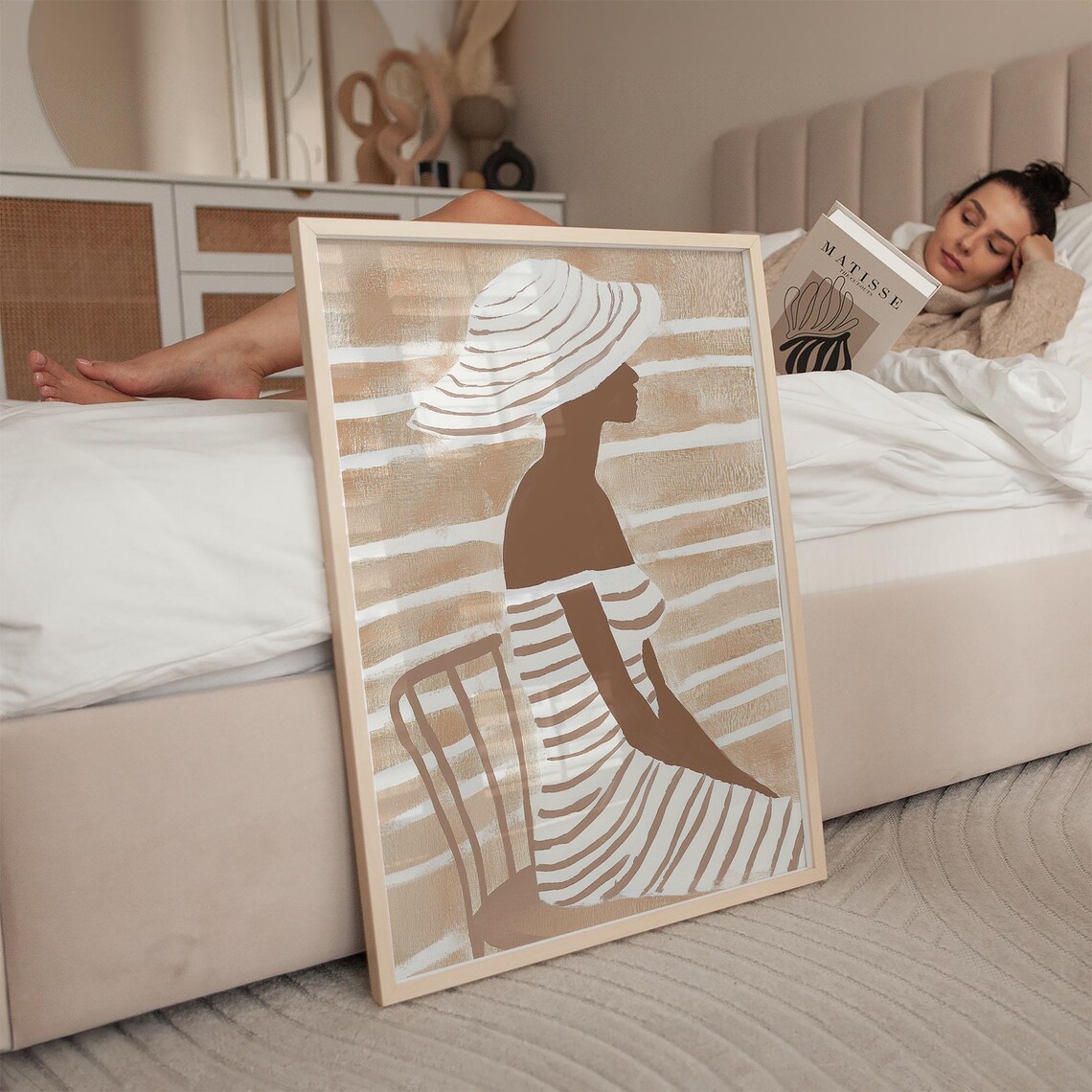 Seated Woman with Sun Hat Striped Dress Beige Abstract Art Poster - Image 4