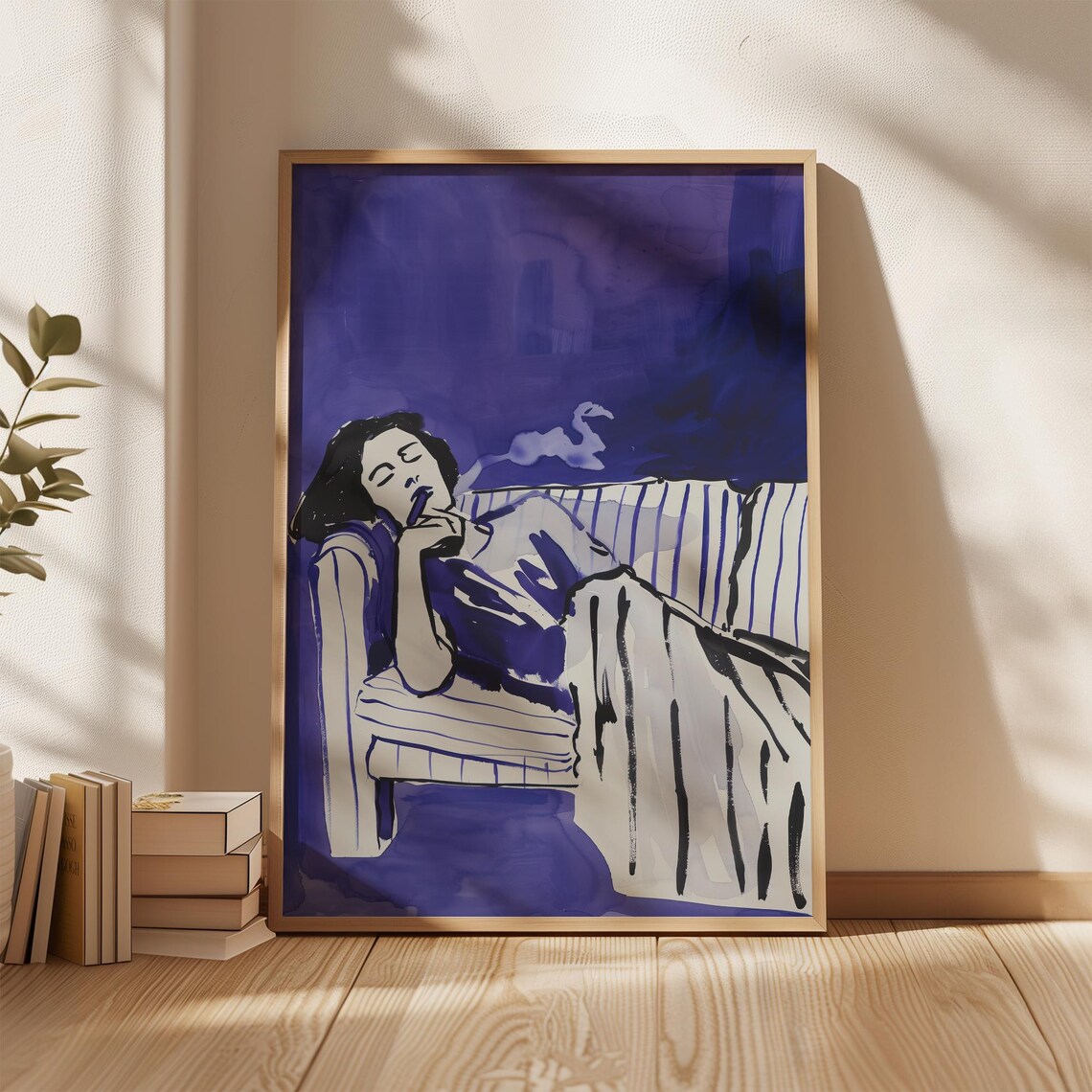 Purple Painterly Portrait Of Woman Smoking On Striped Chair Poster - Image 2