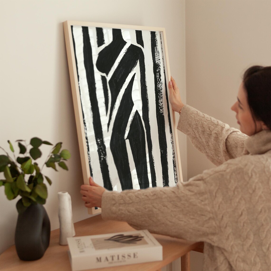 Abstract Female Torso in Bold Black and White Stripe Art Poster - Image 2