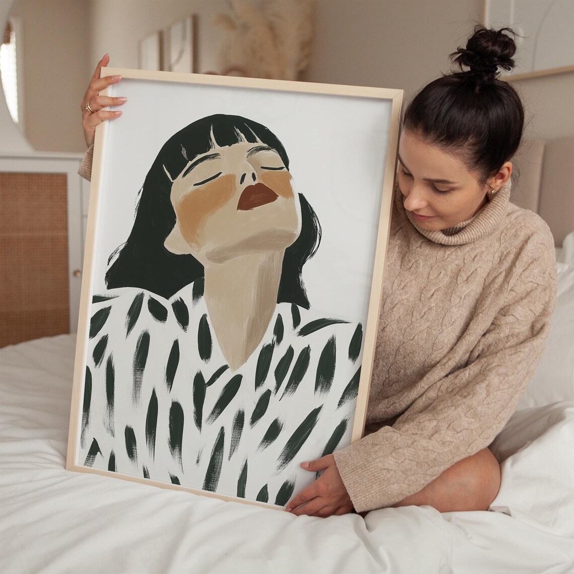 Woman with Closed Eyes in Brushstroke Blouse Modern Abstract Poster - Image 3