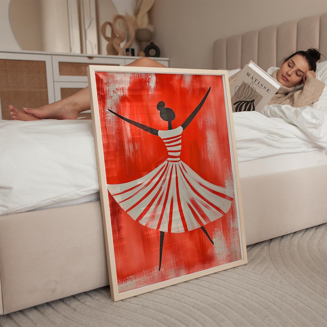 Dancing Woman In Striped Dress, Minimalist Modern Art Print - Image 2