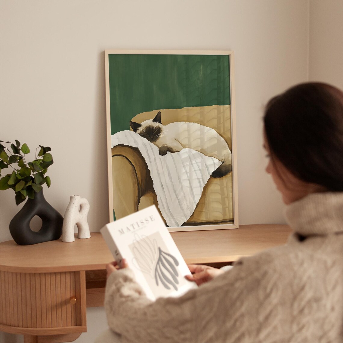 Sleeping Siamese Cat on Striped Blanket Green Cozy Pet Poster - Image 5