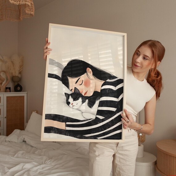 Sleeping Woman Cuddling Black and White Cat Cozy Minimalist Wall Art