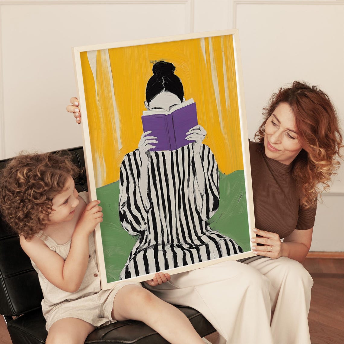 Abstract Reading Woman With Striped Dress Bold Minimalist Wall Art Vibrant Artwork For Modern Home Decor - Image 2