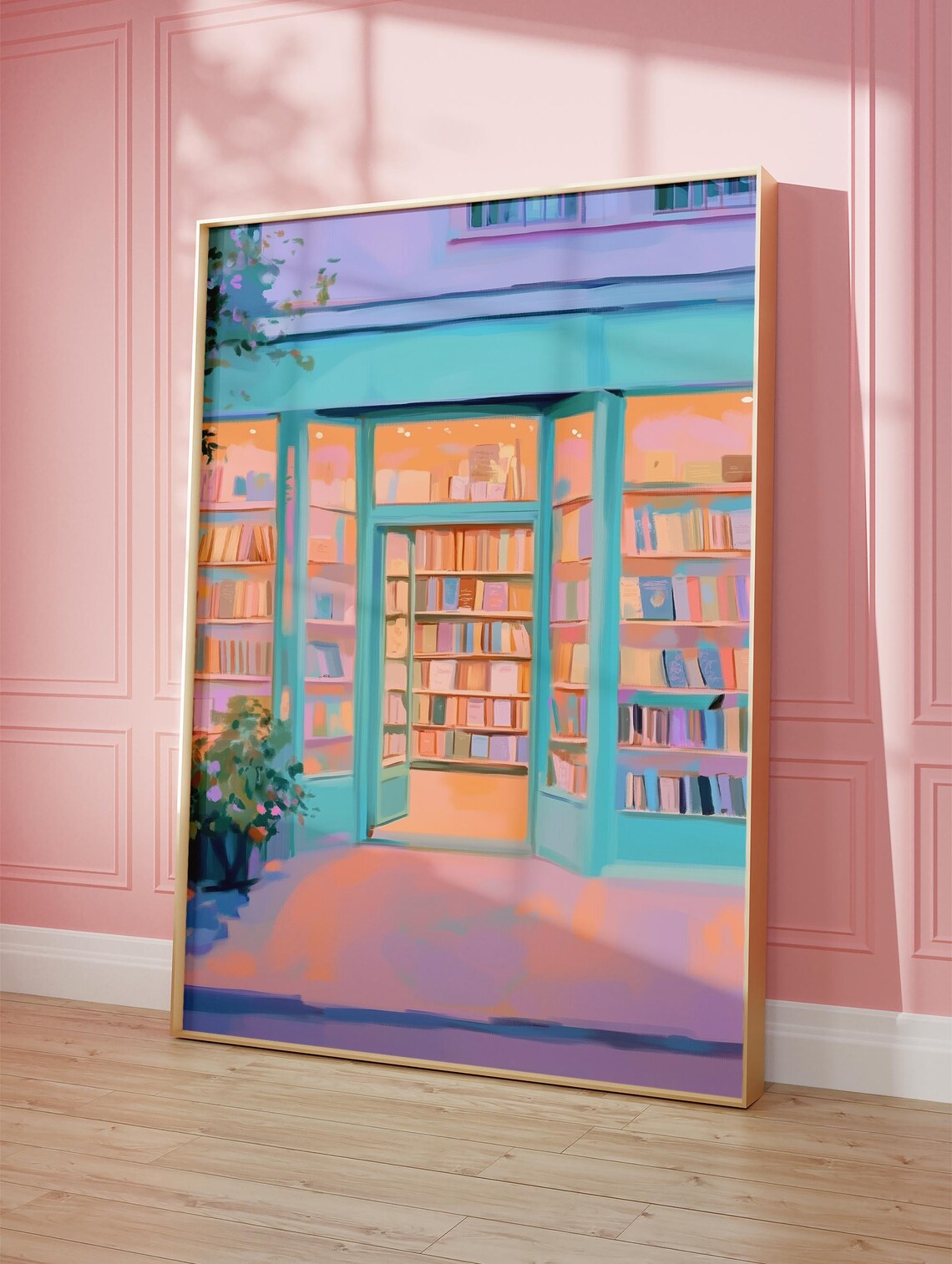 Pastel Turquoise Bookstore Storefront Painting With Warm Glow Poster - Image 3