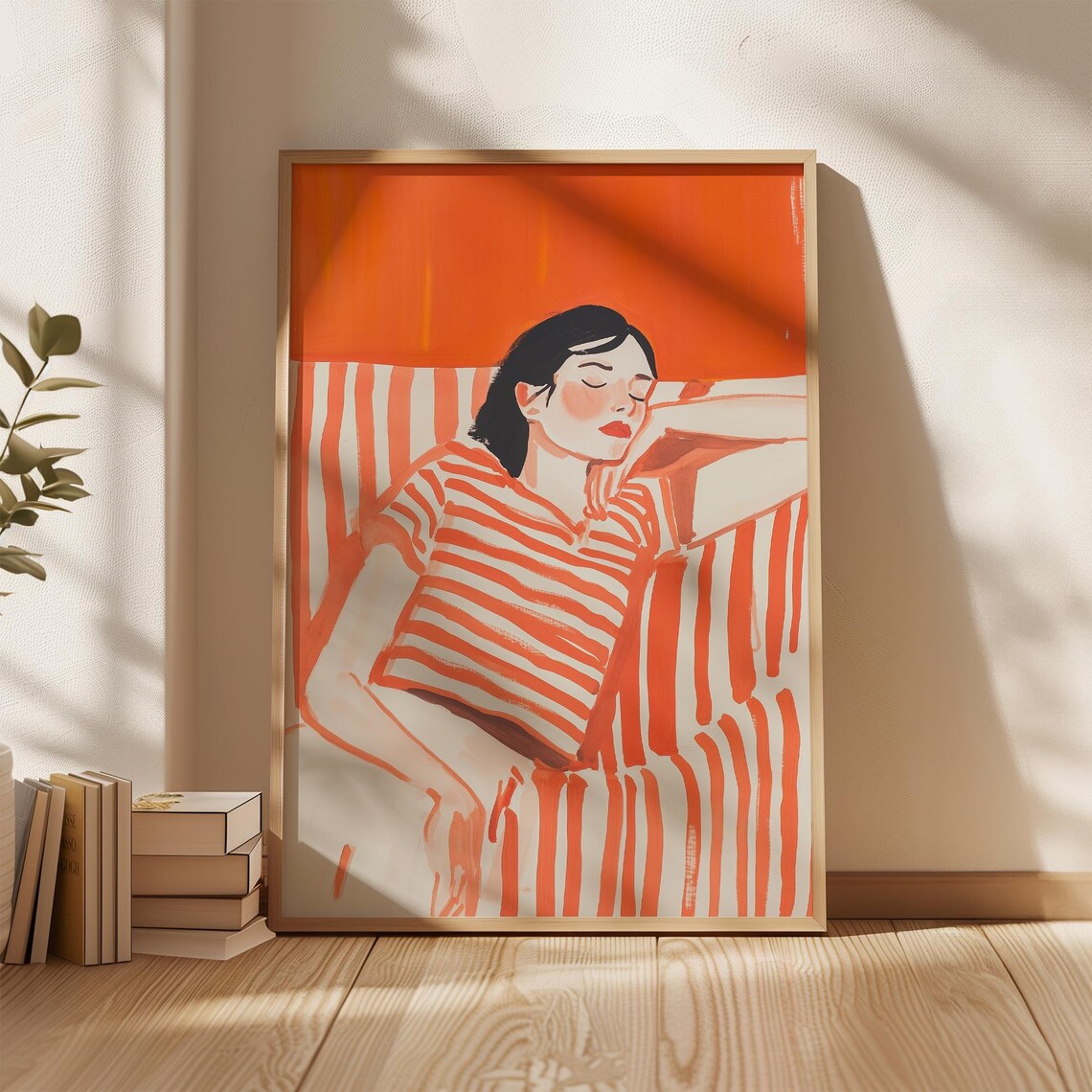 Resting Woman in Orange Striped Top Cozy Modern Abstract Poster - Image 5