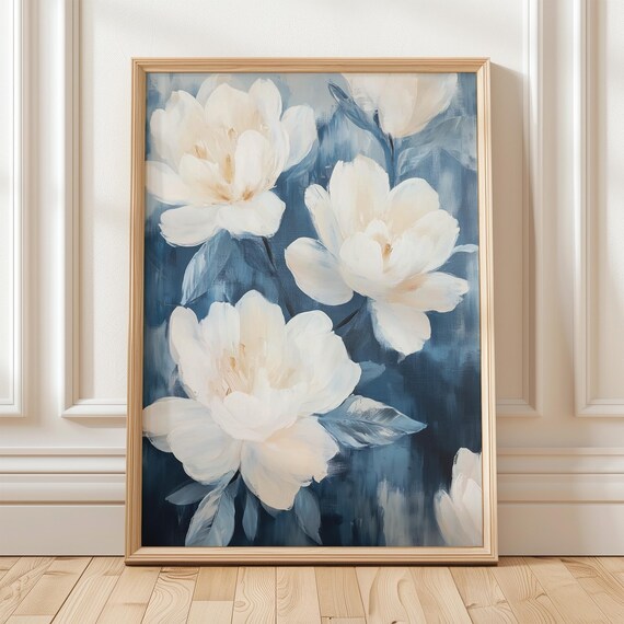 White Floral Wall Art Blue Botanical Print Modern Peony Flower Painting Elegant Nature Minimalist Bloom Poster