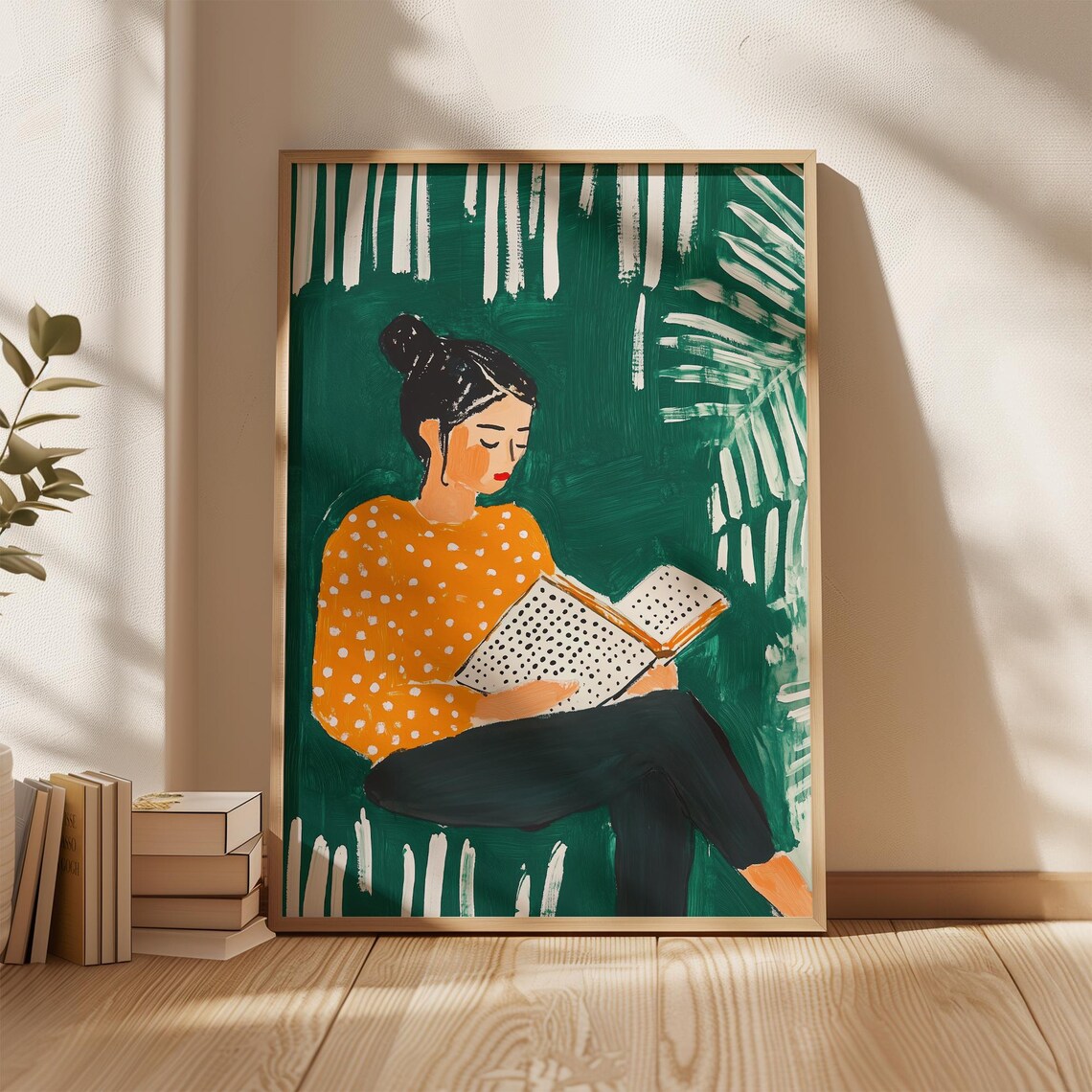 Woman Reading Book Polka Dot Sweater Green Minimalist Art Poster - Image 3
