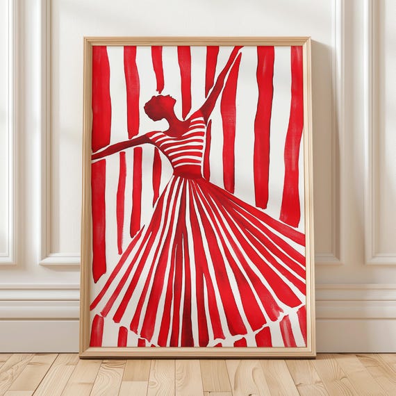 Red Striped Dancer Art Print Minimalist Wall Decor Bold Abstract Woman Artwork Modern Contemporary Poster Instant