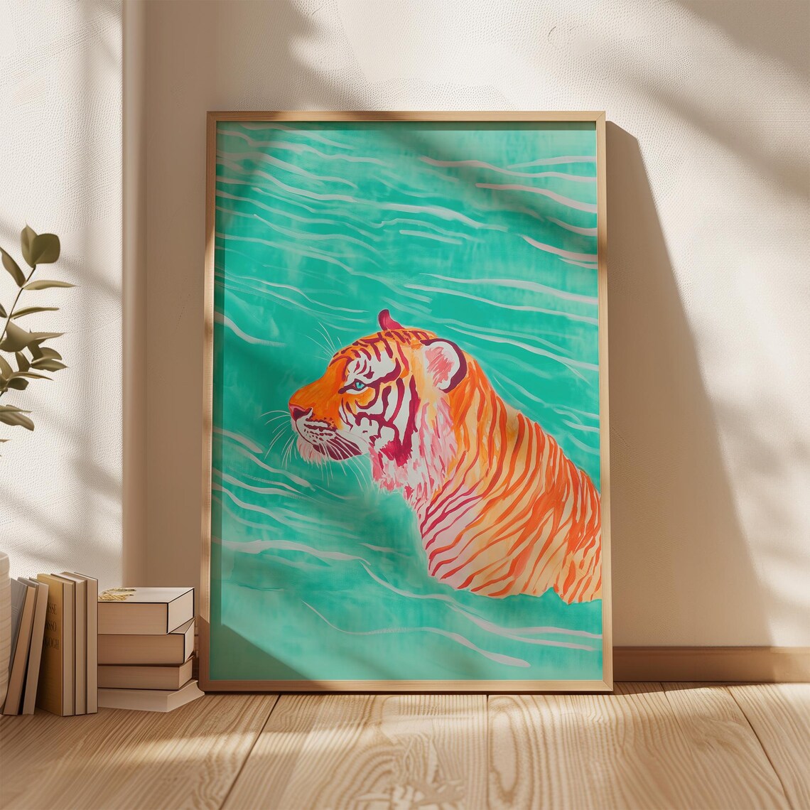 Swimming Tiger in Turquoise Water Modern Wildlife Art Poster - Image 4