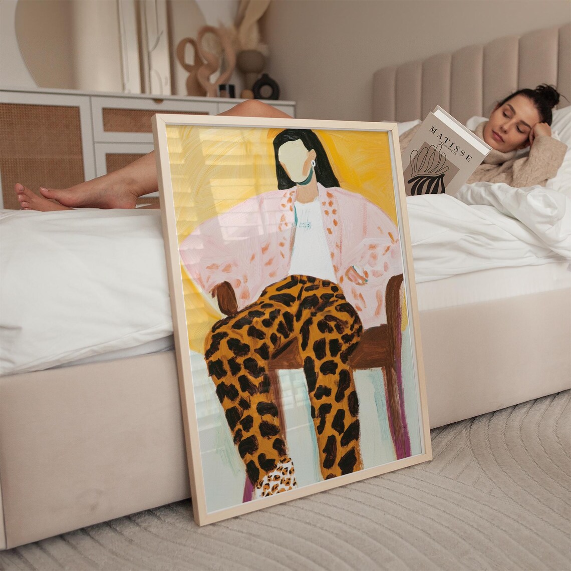 Seated Woman in Leopard Pants Pink Blazer Bold Fashion Art Poster - Image 2