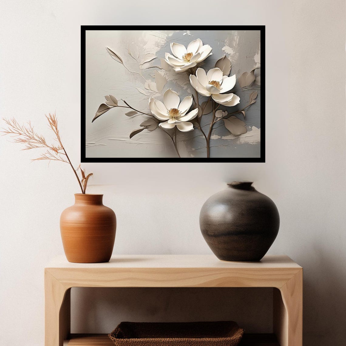 White Magnolia Blossoms 3D Plaster Texture Neutral Floral Poster - Image 3
