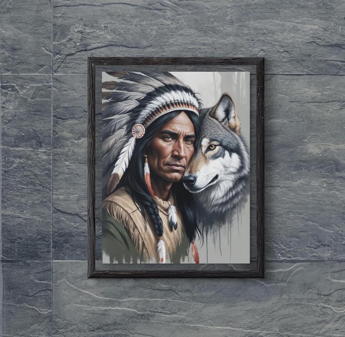 Native American Chief Feather Headdress Wolf Portrait Spiritual Poster