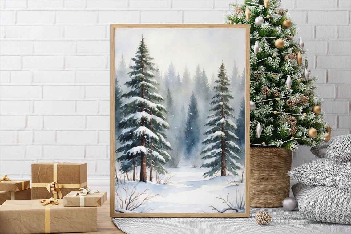 Winter Watercolor Snowy Forest Art Print
