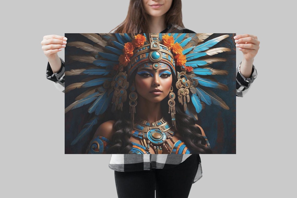 Aztec Moon Goddess Blue Feather Headdress Turquoise Portrait Art Print - Image 4