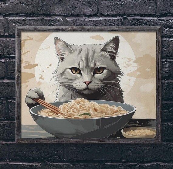 Grumpy Gray Cat Eating Noodles Japanese Style Humor Kitchen Poster