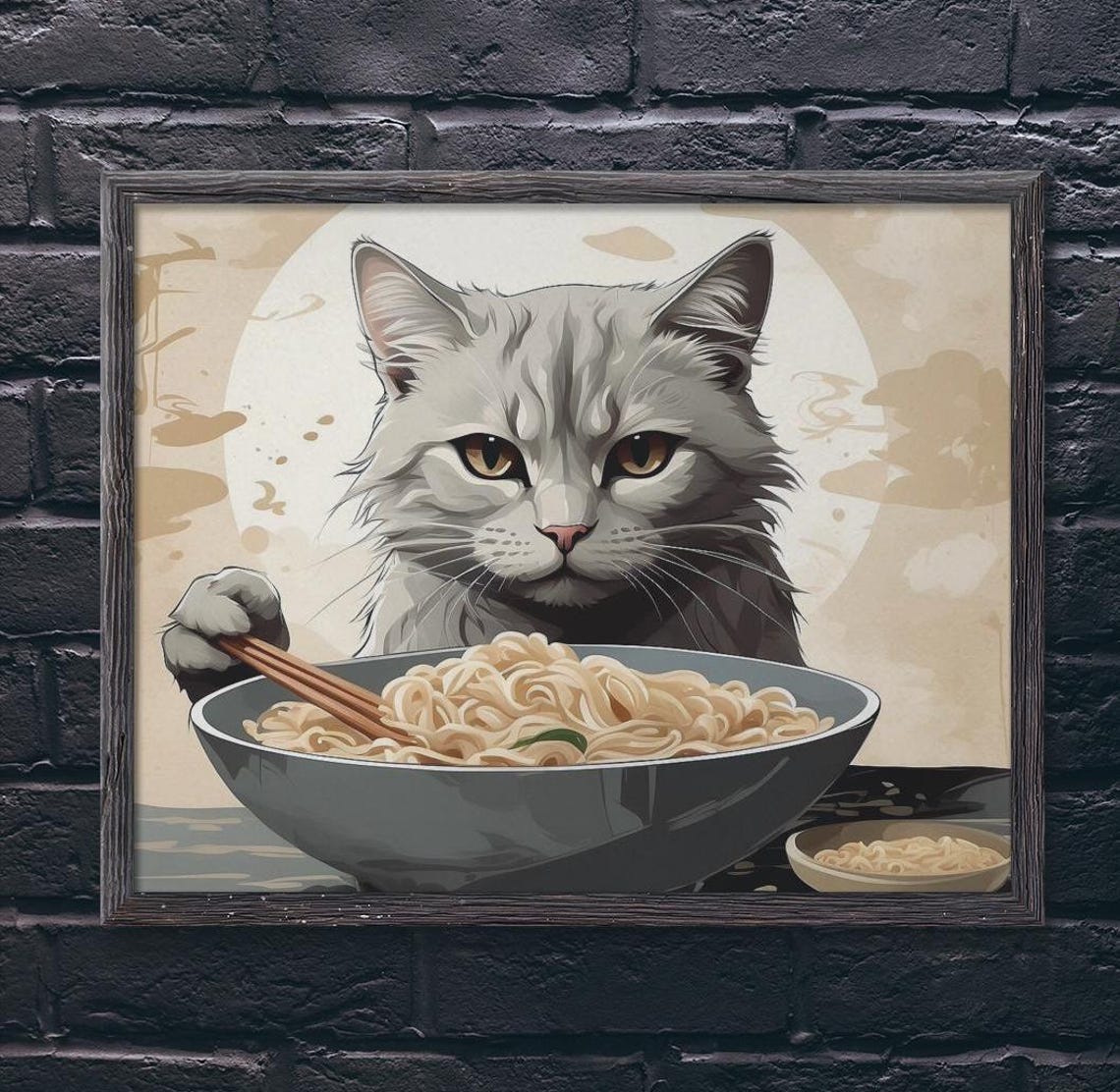 Grumpy Gray Cat Eating Noodles Japanese Style Humor Kitchen Poster