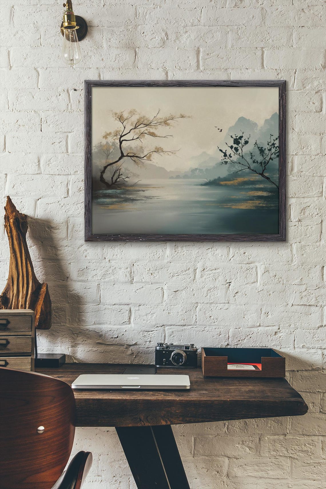 Misty Japanese Mountain Lake With Trees And Birds Zen Wall Poster - Image 3