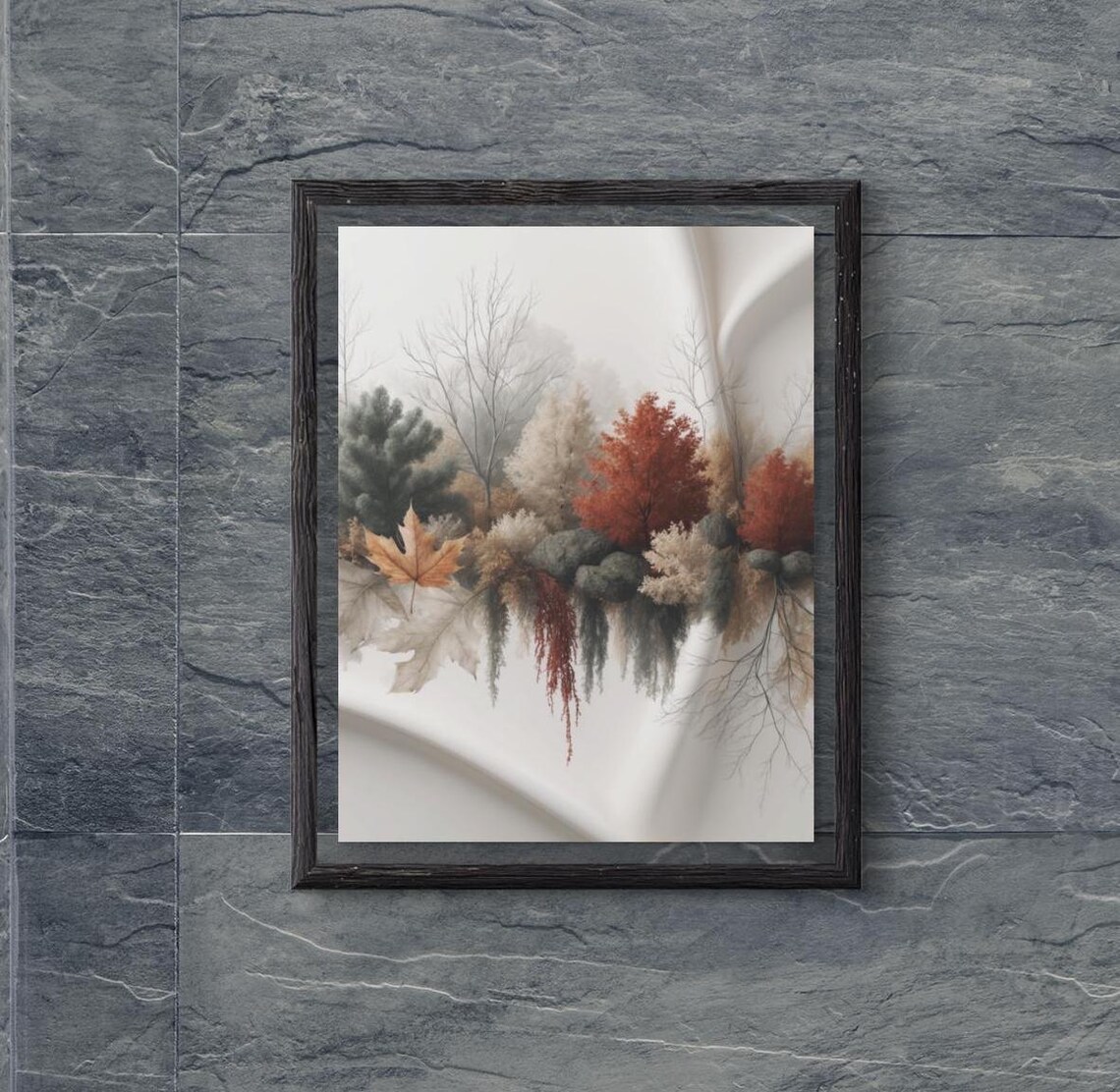 Misty Autumn Forest With Red Maples On White Minimalist Wall Poster