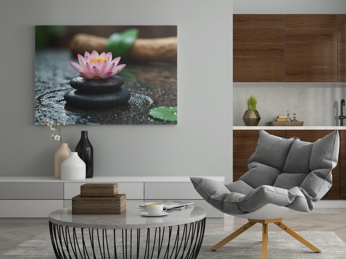 Pink Lotus Flower On Stacked Zen Stones Calm Water Wall Poster - Image 4