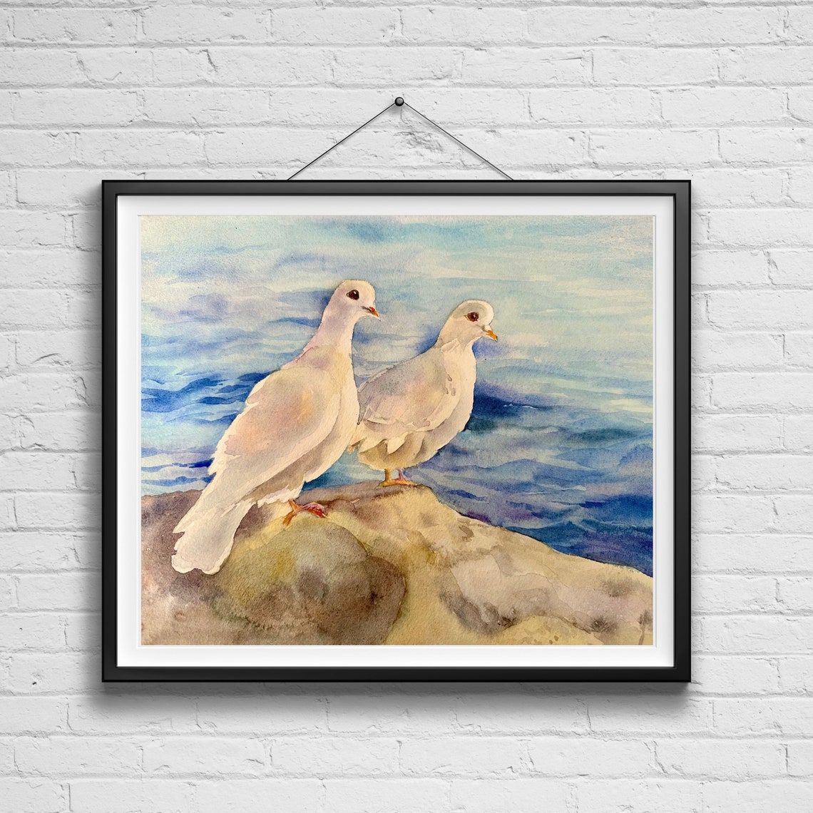 Two White Doves by the Blue Sea Watercolor Peaceful Bird Poster - Image 6