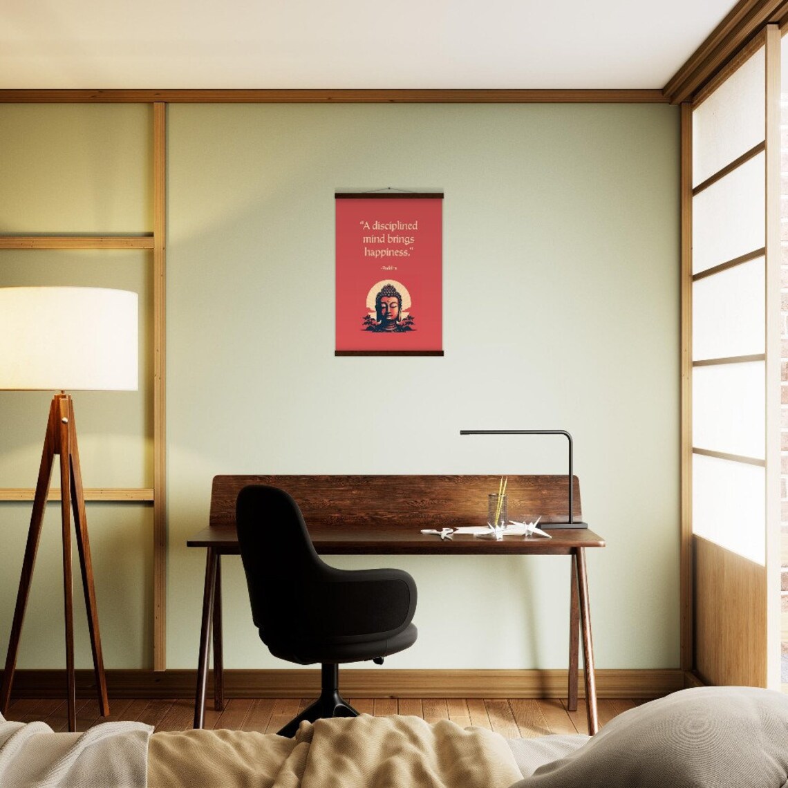 Buddha Quote Poster "A Disciplined Mind Brings Happiness" Red Zen Design - Image 2