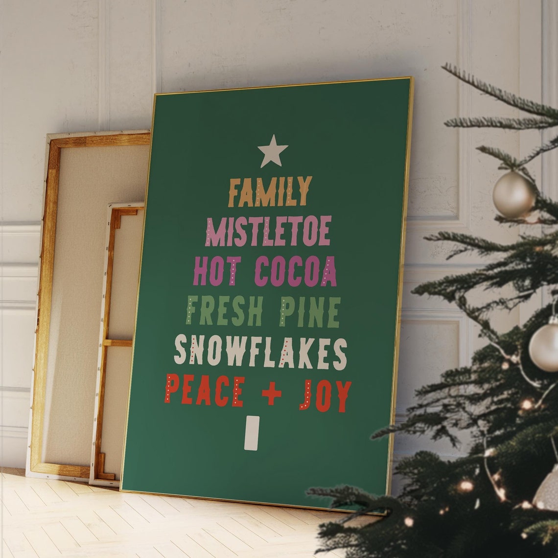 Green Star Christmas Tree Word Art Fresh Pine Snowflakes Poster