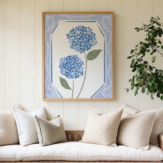 Two Blue Hydrangeas Watercolor Blooms Botanical Decor Poster