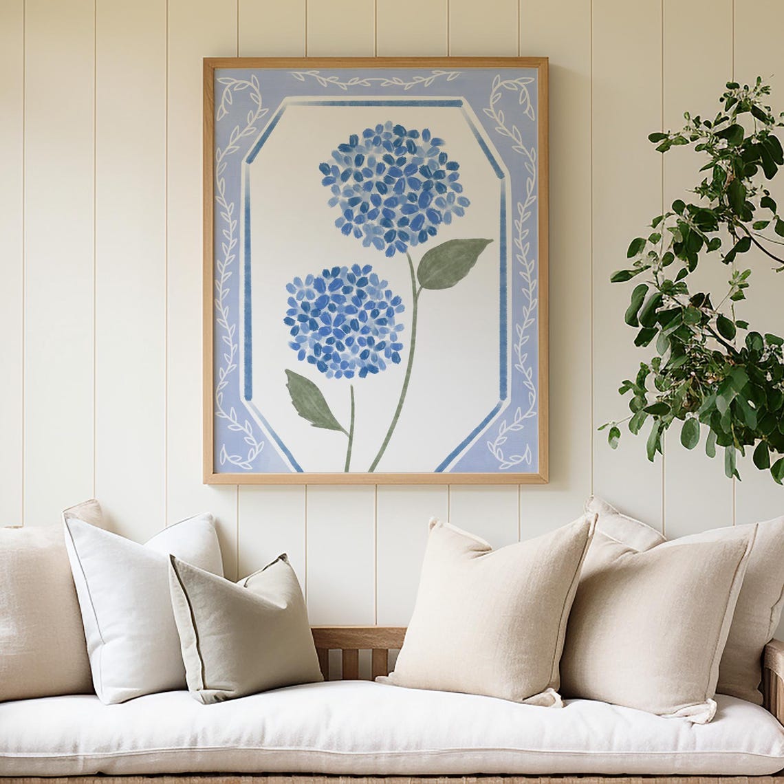Two Blue Hydrangeas Watercolor Blooms Botanical Decor Poster