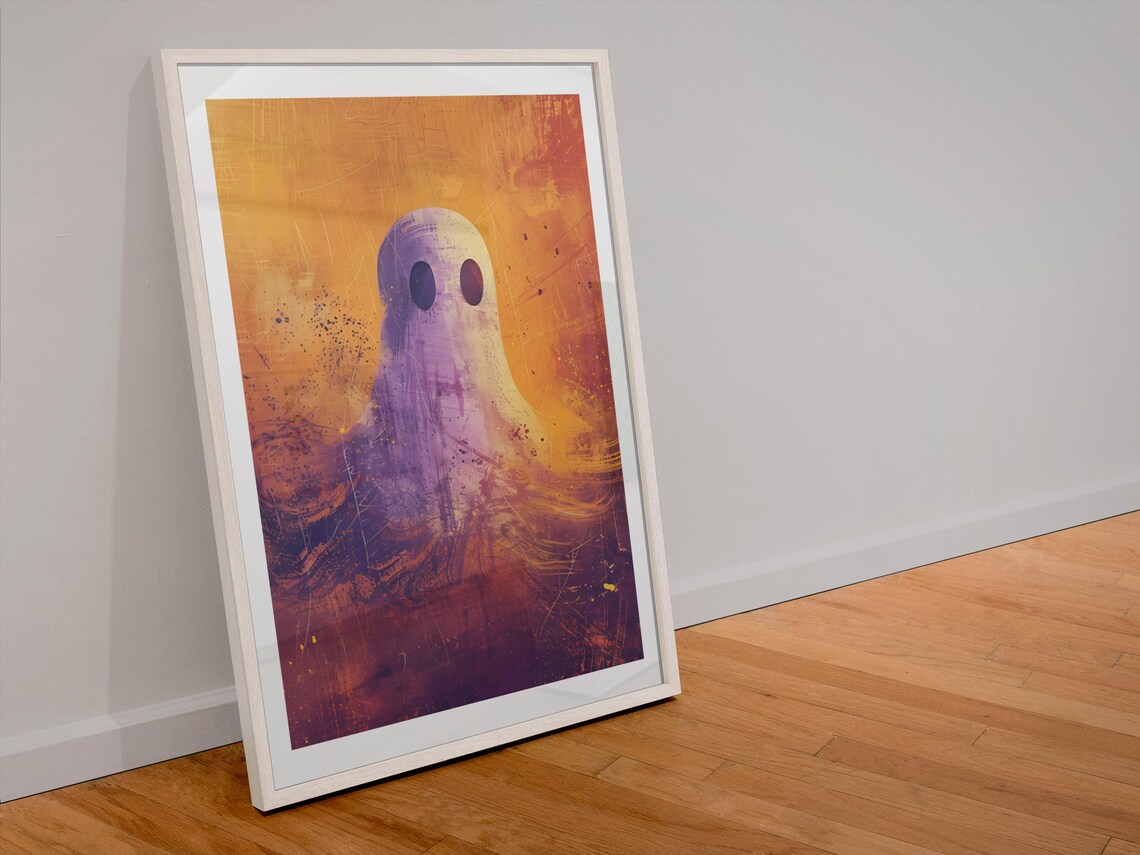 Cute Ghost On Orange Purple Gradient Whimsical Halloween Art Poster