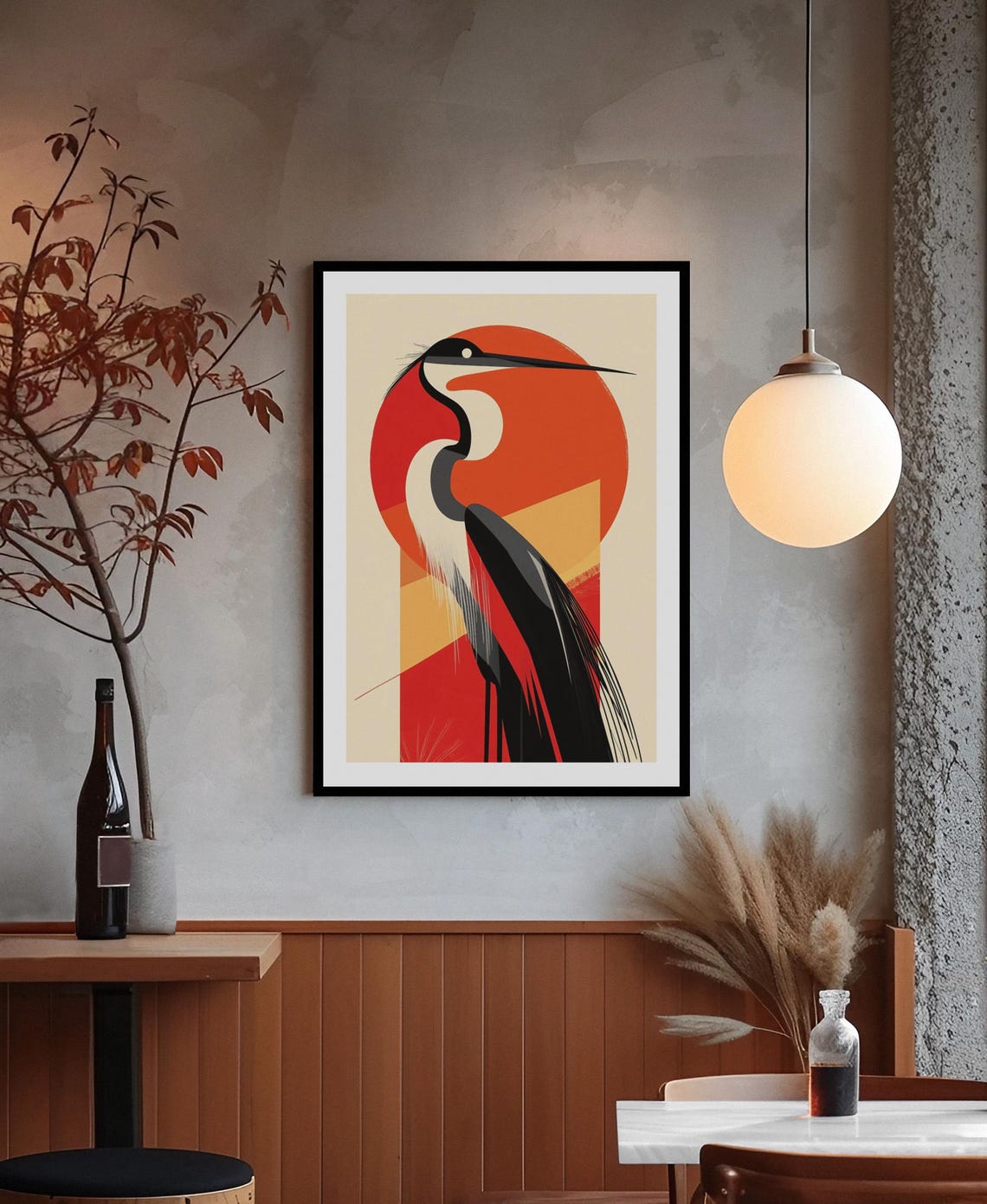 Japanese Red Crowned Crane Rising Red Sun Modern Asian Art Poster
