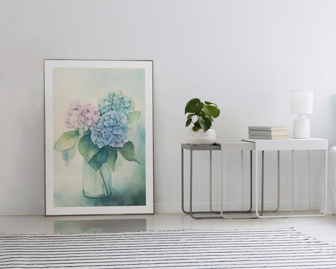 Pink and Blue Hydrangea Bouquet in Glass Vase Watercolor Poster - Image 2