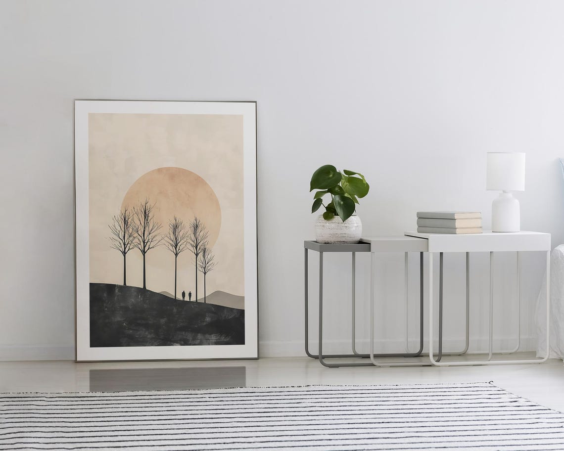 Minimalist Sunset Wall Art Print Silhouette Landscape Poster Modern Home Decor Peach Sun Art Serene Nature Decor - Image 2