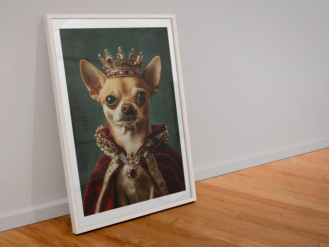 Crowned Chihuahua in Royal Velvet Robe Regal Pet Portrait Poster
