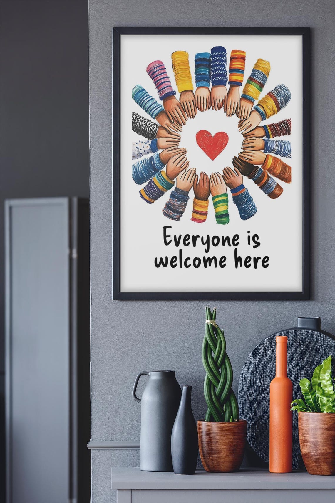 Everyone Is Welcome Here Circle Of Diverse Hands Heart Poster - Image 2