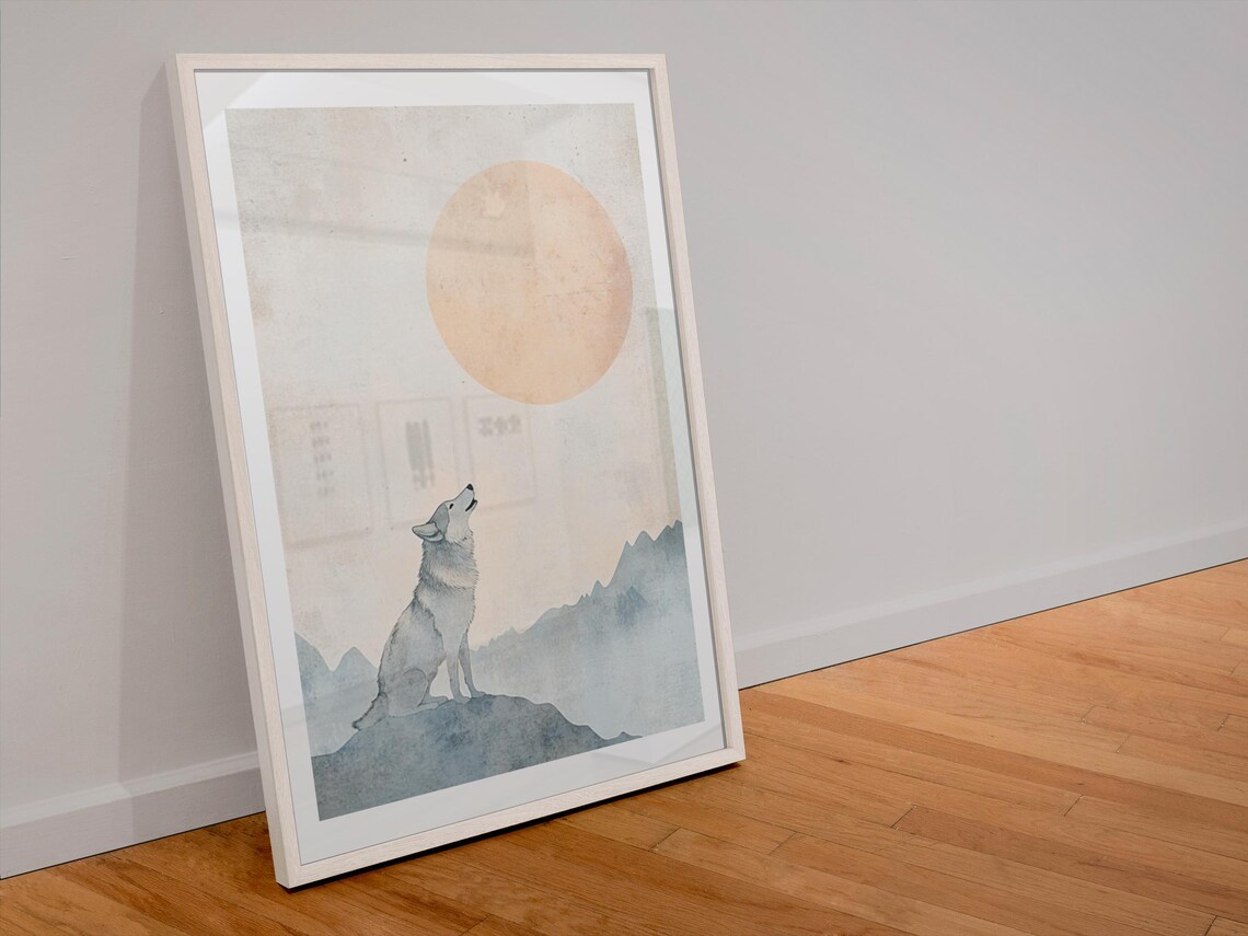 Howling Wolf Under Large Moon Misty Mountain Watercolor Poster - Image 4