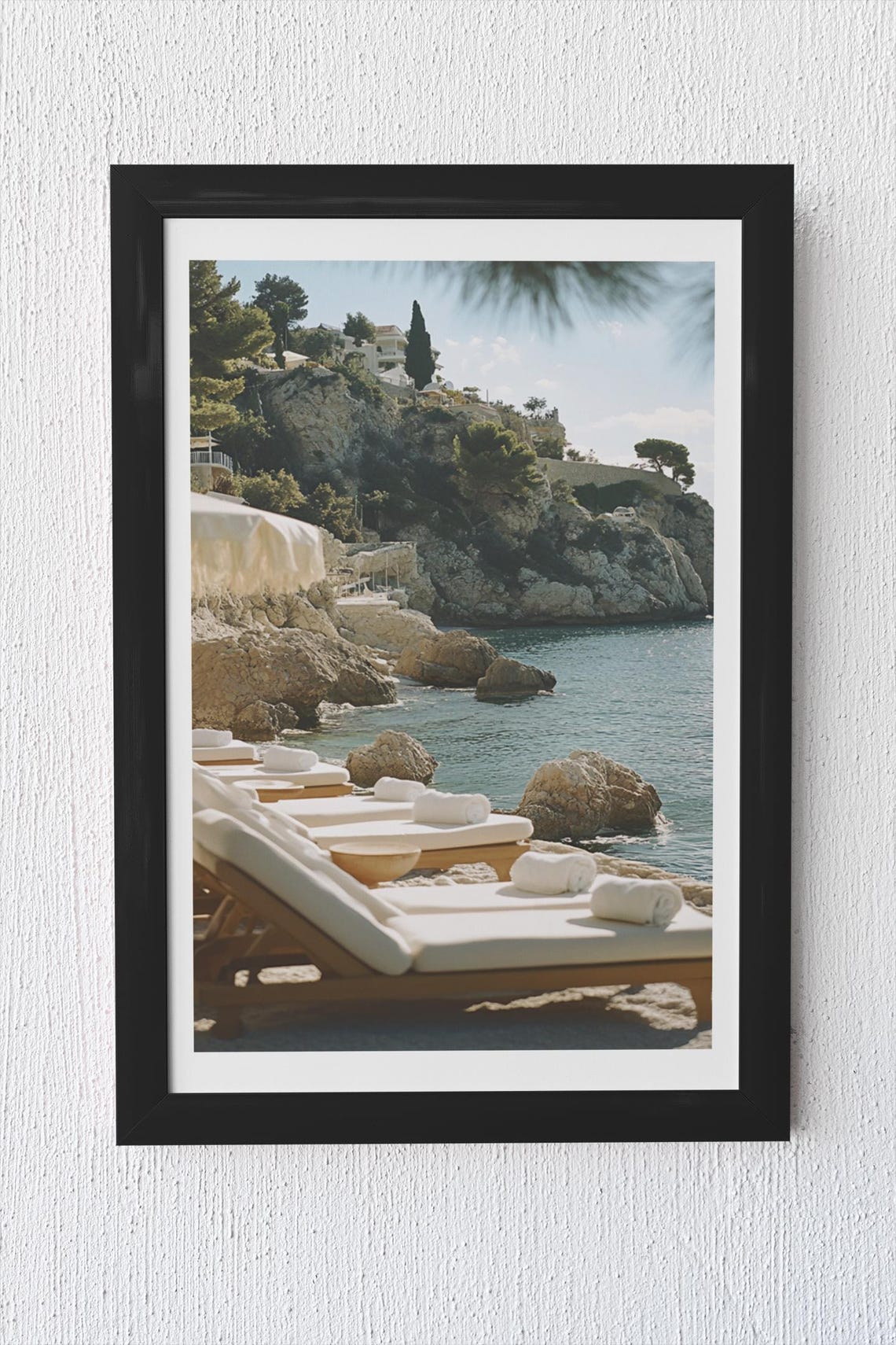 Rocky Cove White Sun Loungers Turquoise Water Coastal Poster - Image 4