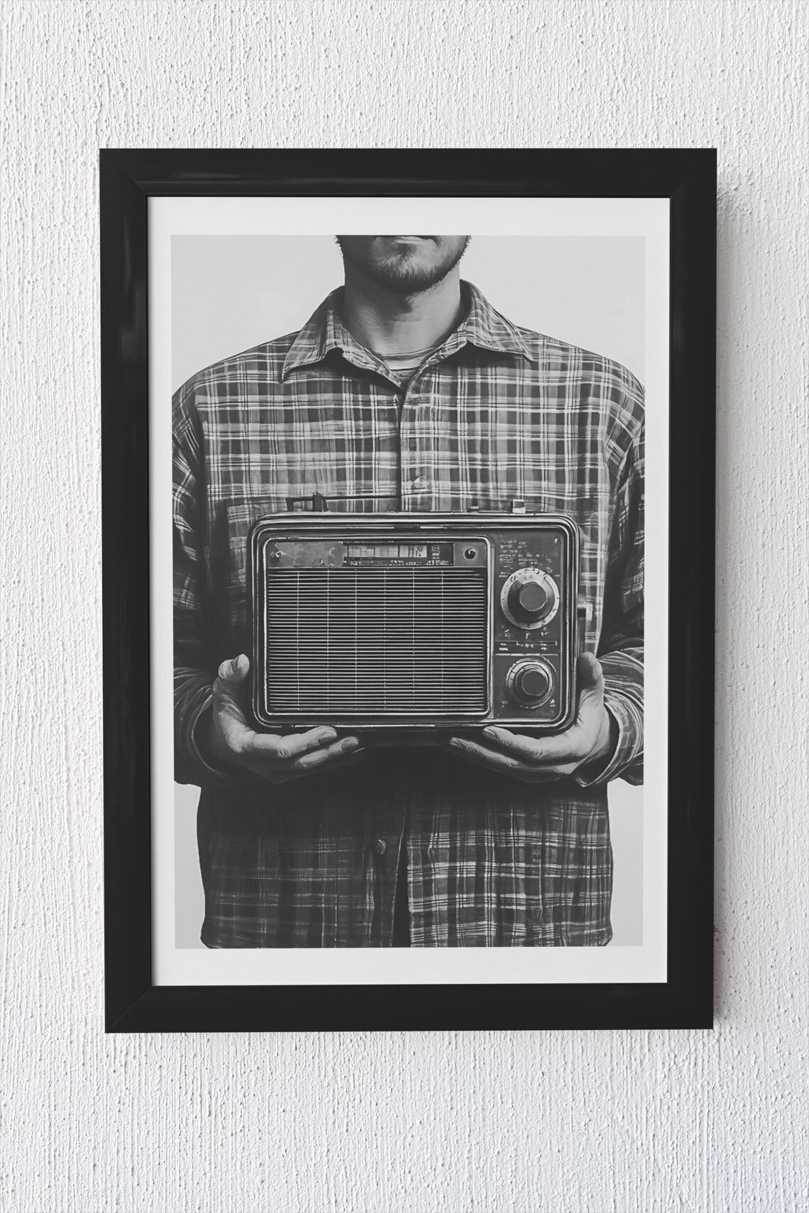 Black And White Man Holding Vintage Radio Nostalgic Photo Poster - Image 4