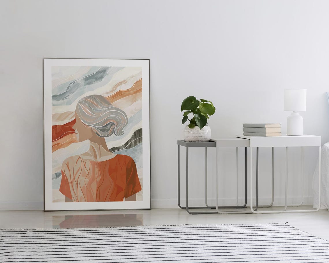 Abstract Woman Profile Teal Coral Watercolor Modern Art Poster - Image 2