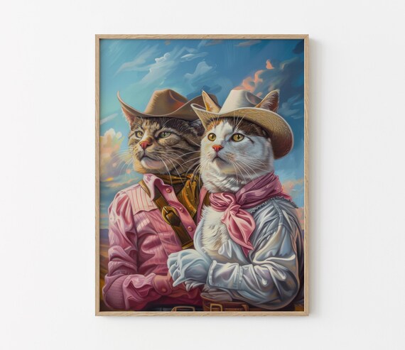 Cowboy Cats Oil Painting Poster with Pink Bandanas at Dusk Sky View