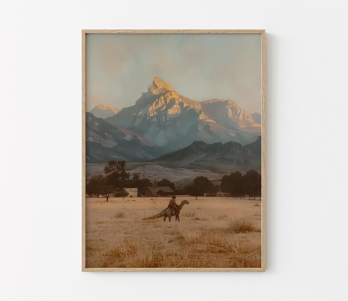 Vintage Dinosaur Cowboy Oil Painting Print